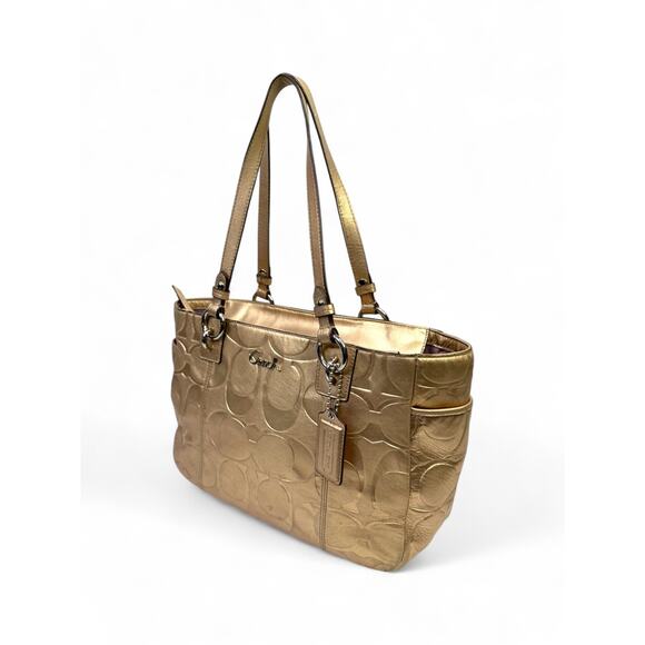 Coach Metallic Gold East West Embossed Signature Leather Tote Bag - Picture 10 of 15